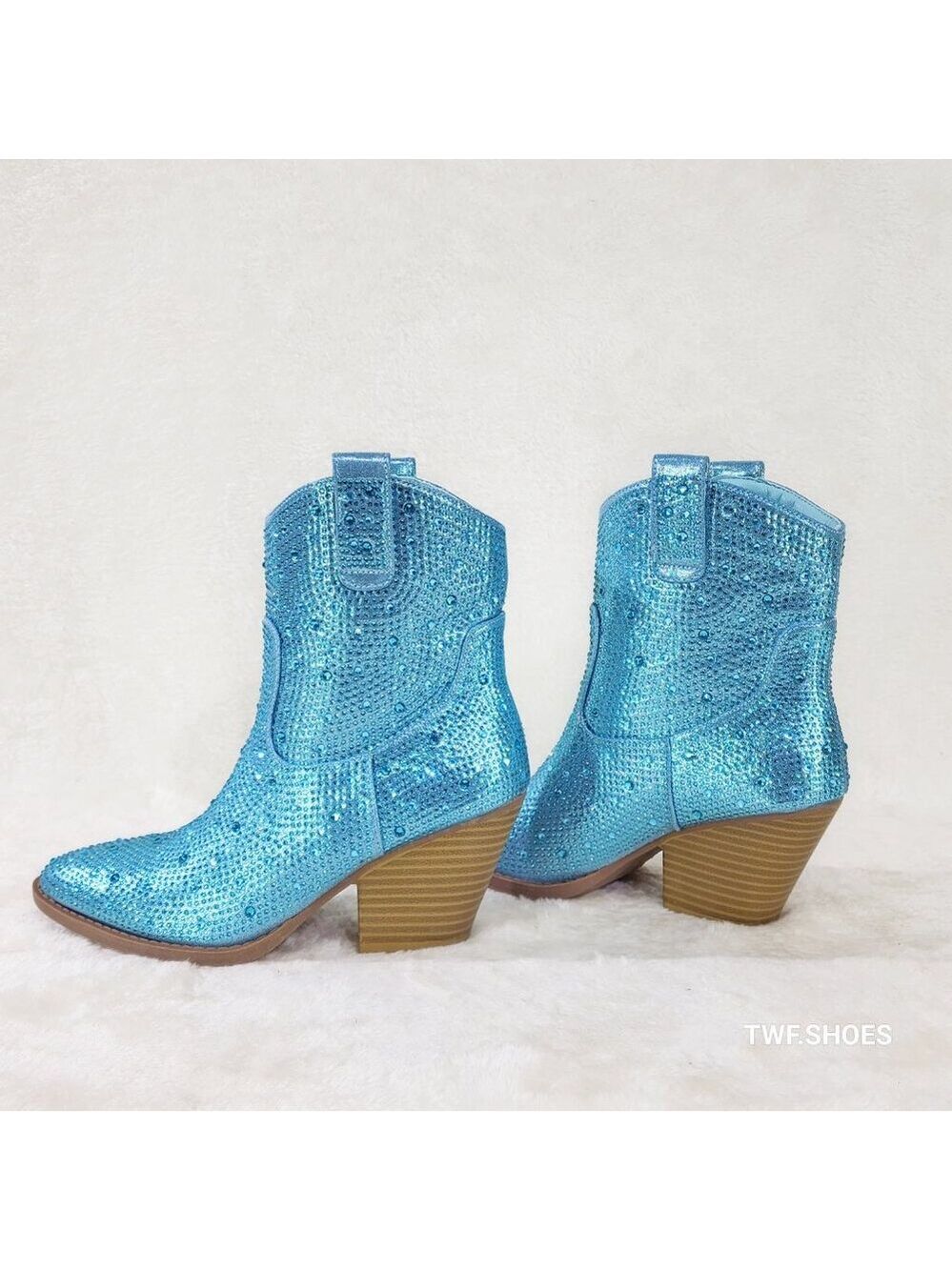 Dolly Aqua Blue Rhinestone Glitter Disco Cowgirl Country Western Ankle Boots